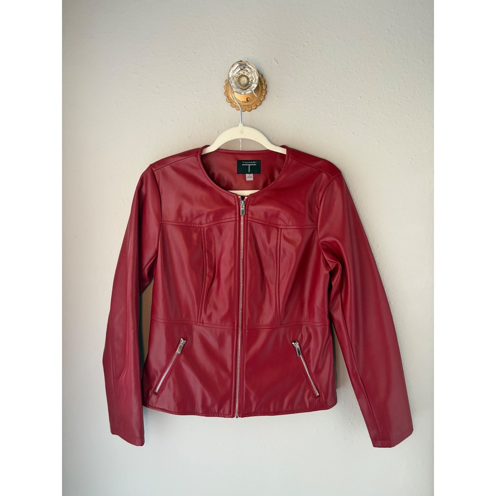 Tahari T Womens Red Faux Leather Collarless Zip Front Jacket Size 6